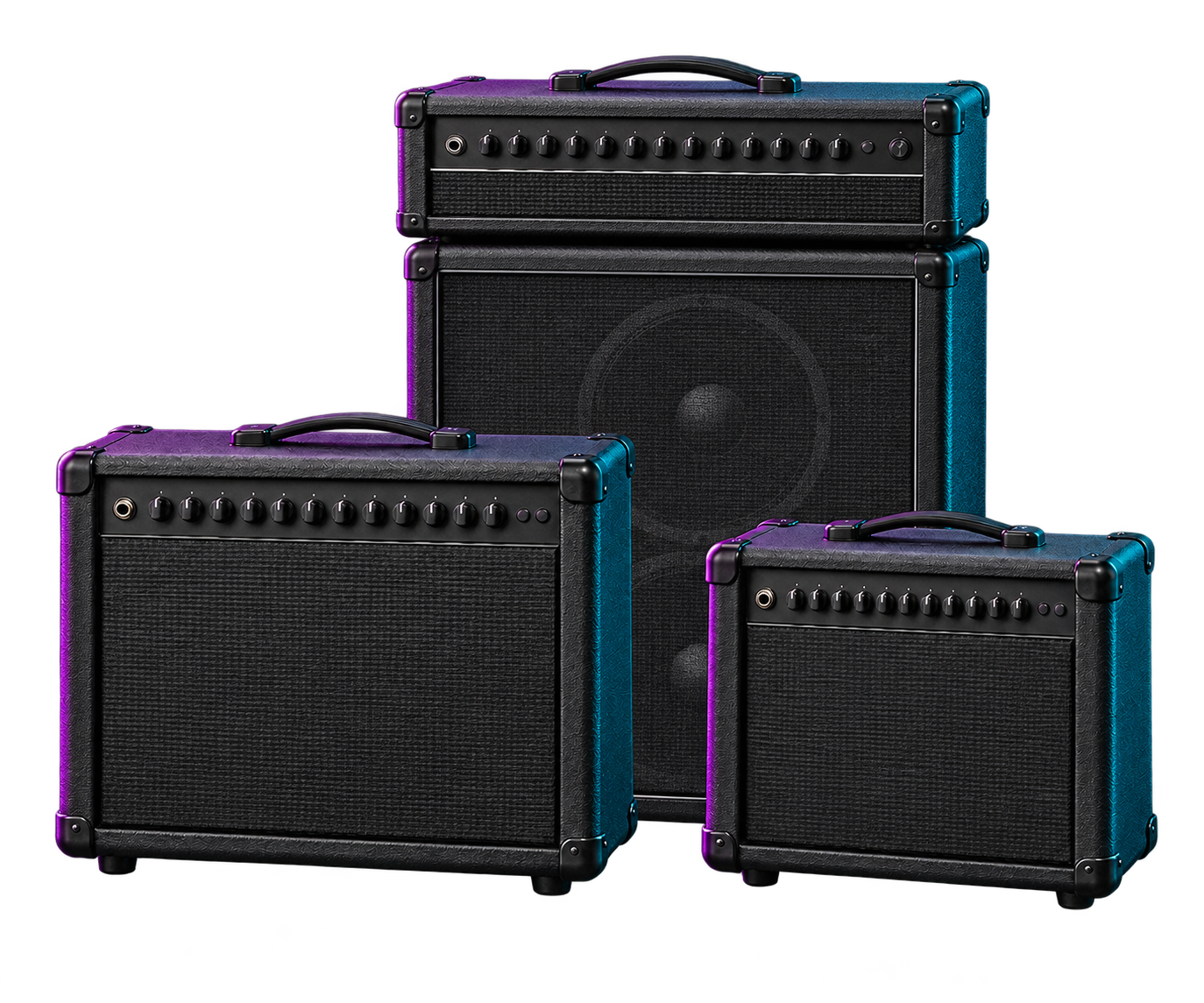 Illustration of an unbranded guitar amp head and cabinet with two combo amps, lit in purple and teal.