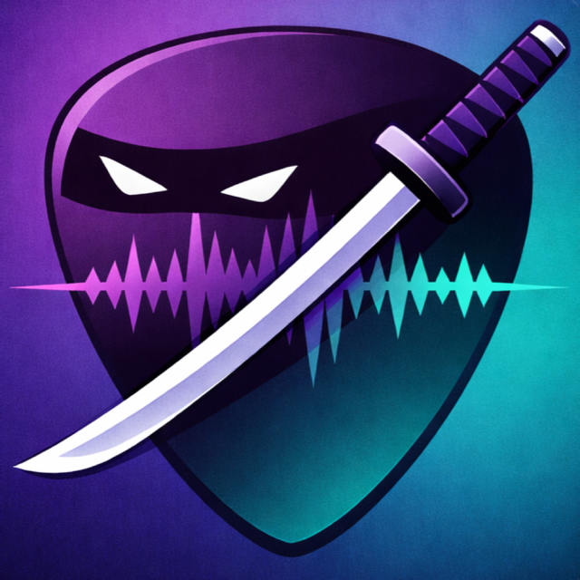 Tone Ninja artwork: a ninja guitar pick, a katana blade, and a purple-to-teal sound wave.